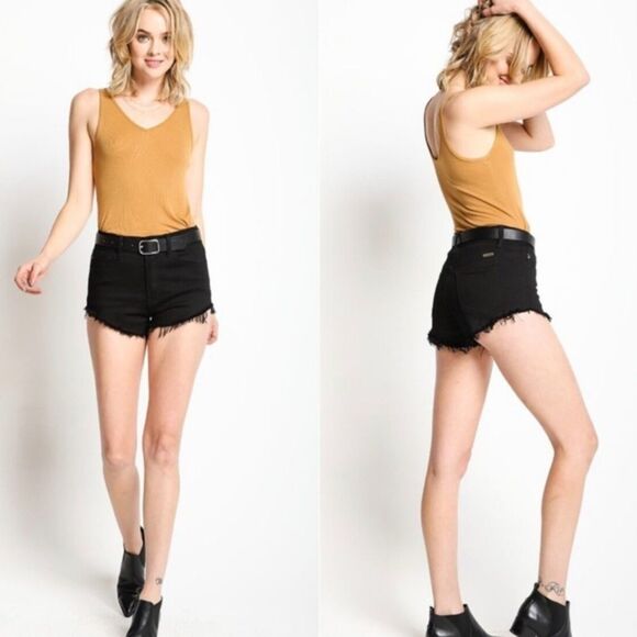 KANCAN Black High Rise Distressed Raw Hem Festival Denim Short Shorts Size 28 - Picture 1 of 7